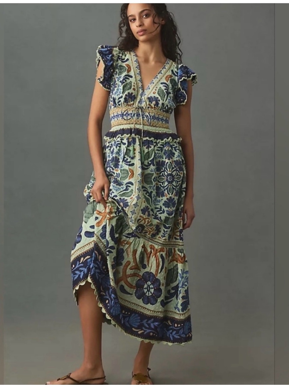 FARM Rio Blue, Cream and Gold Embroidered Floral Maxi Dress